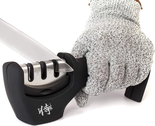 4-in-1 Kitchen Knife Accessories: 3-Stage Knife Sharpener Helps Repair, Restore, Polish Blades and Cut-Resistant Glove